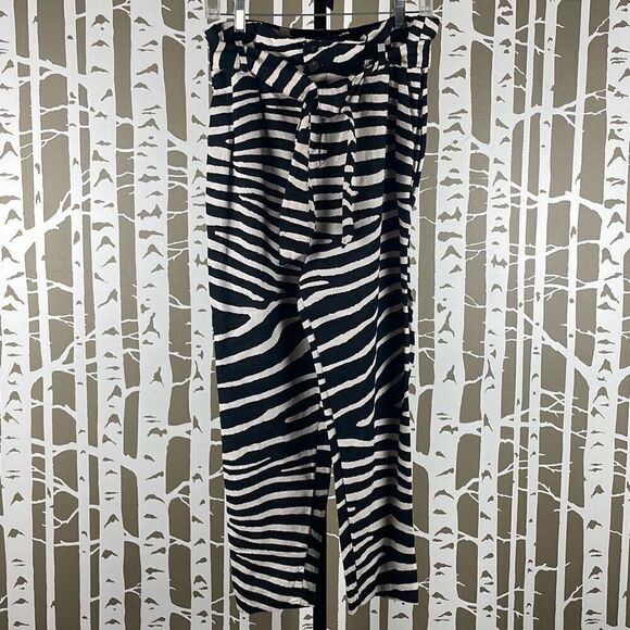 Linen Blend Zebra Print High Rise Paper Bag Waist Tapered Cropped Pants NEW 6 - Picture 1 of 9